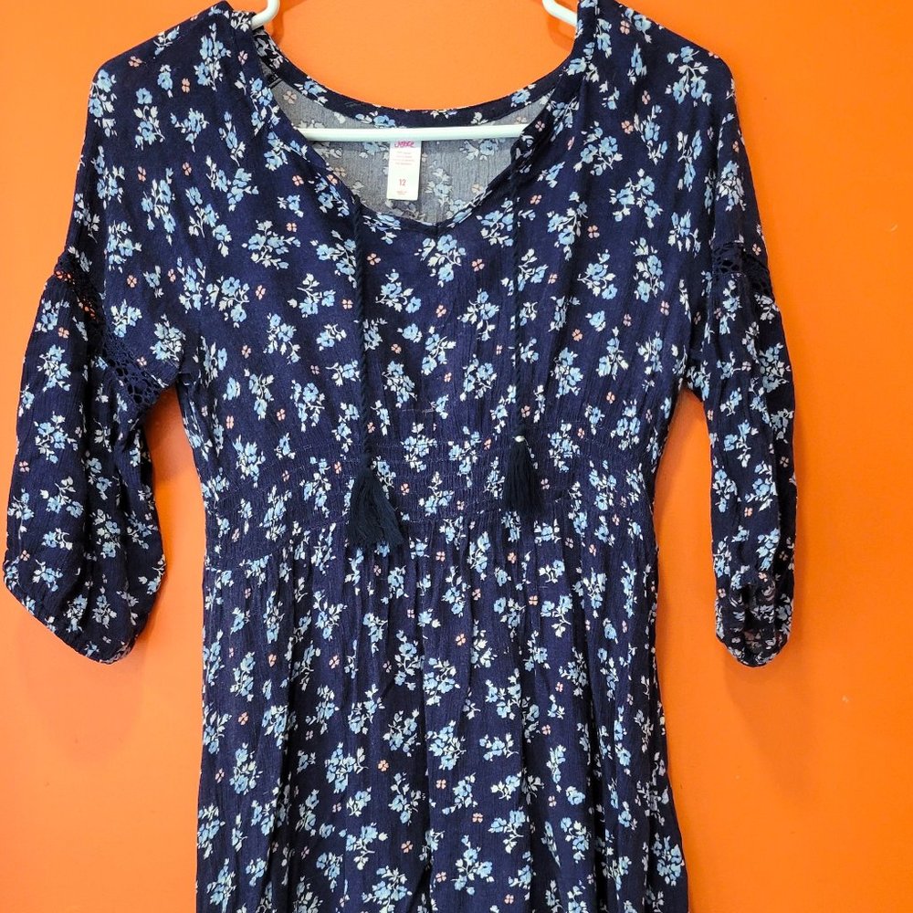 Justice Girl's Dark Blue Peasant Style Flower Print Dress-Size 12